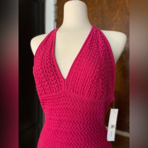 AQUA Pink Crochet Halter Top Mini Dress sz L (NWT) - Picture 2 of 13